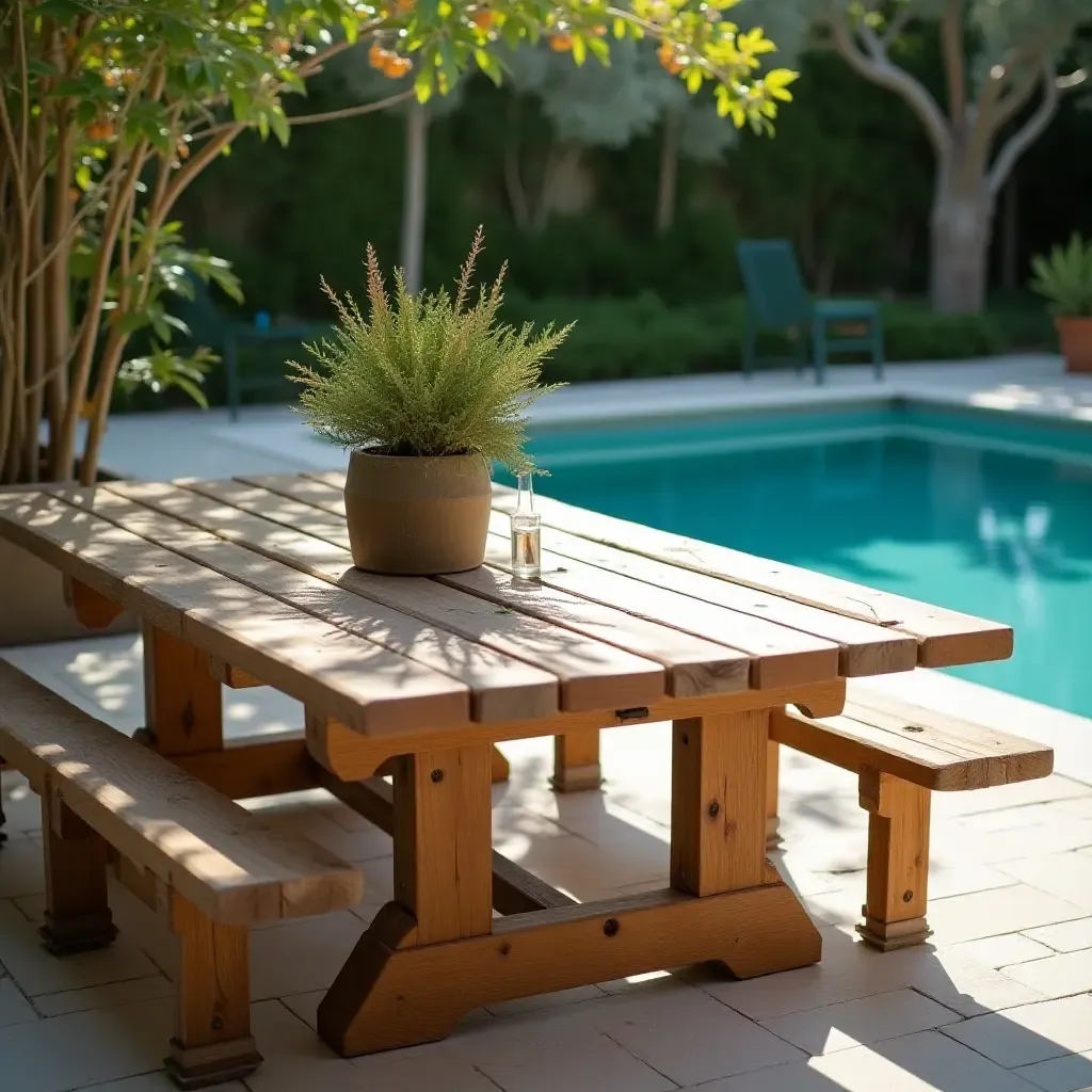 a photo of a rustic wooden table set with plants by the pool