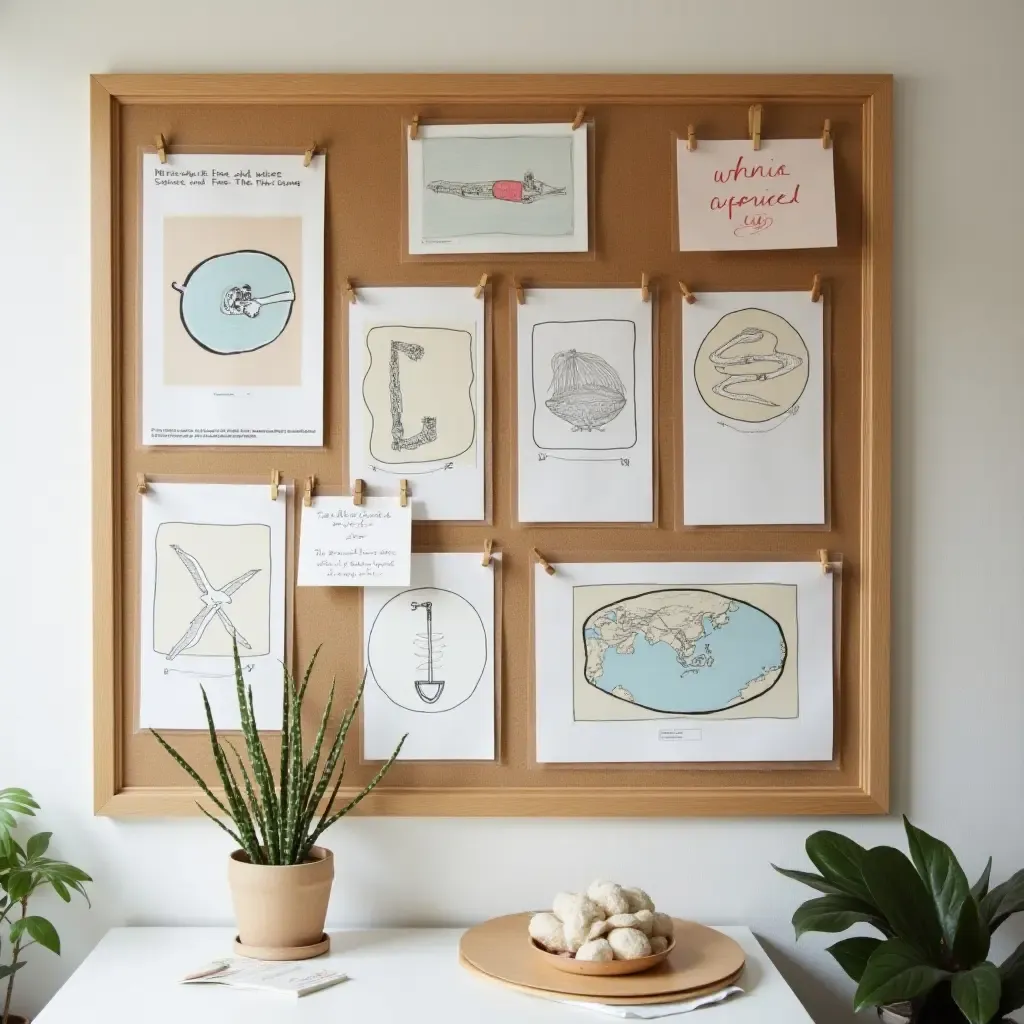 a photo of a stylish bulletin board for displaying art and notes