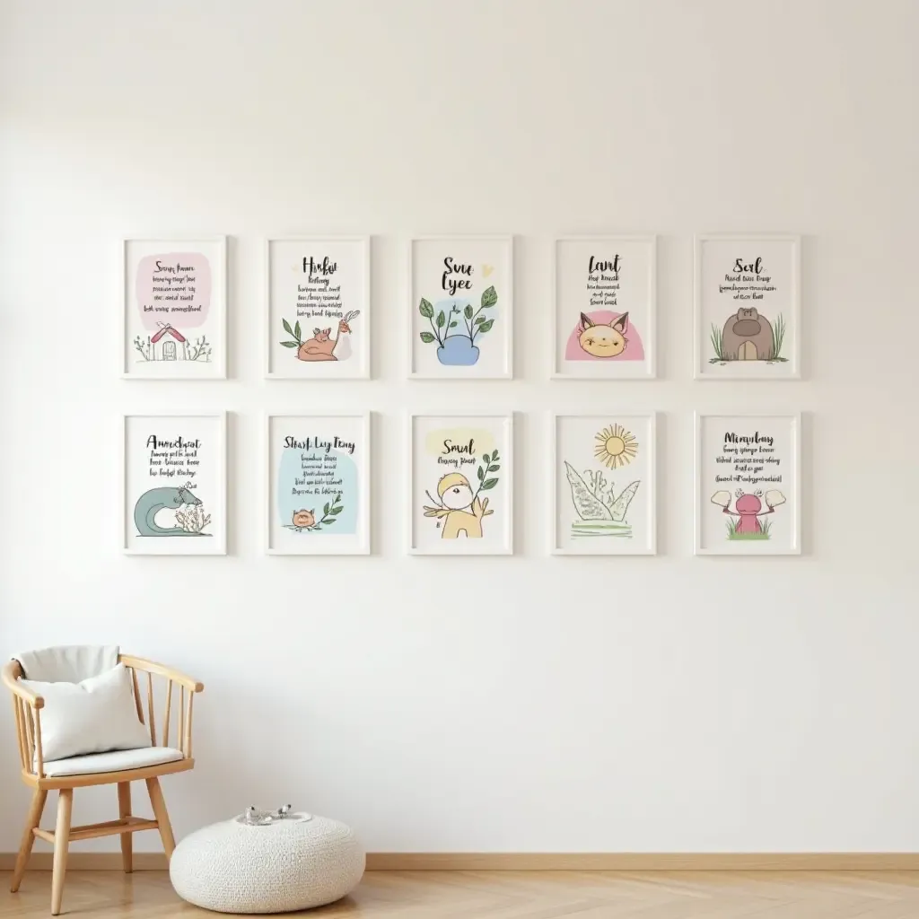 a photo of a nursery gallery wall featuring colorful nursery rhymes