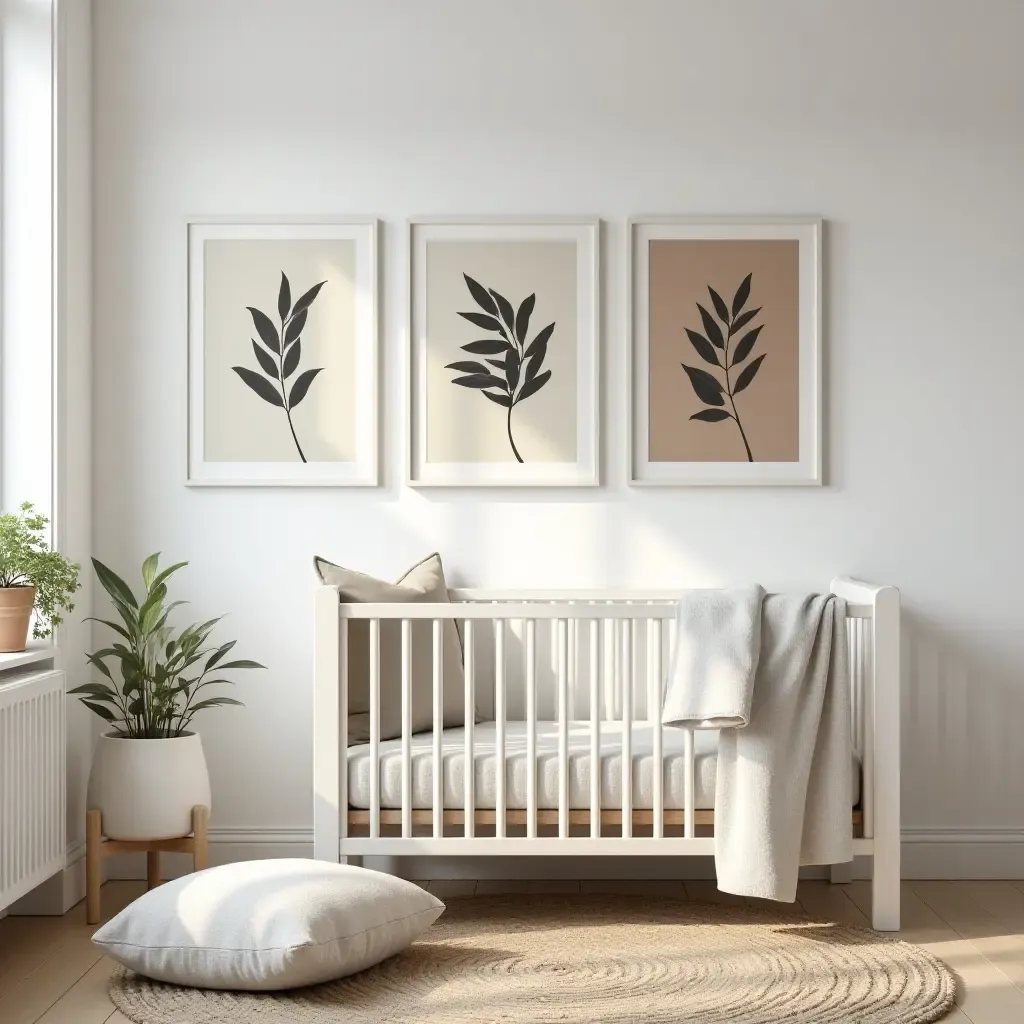 a photo of a nursery with vintage prints on modern walls