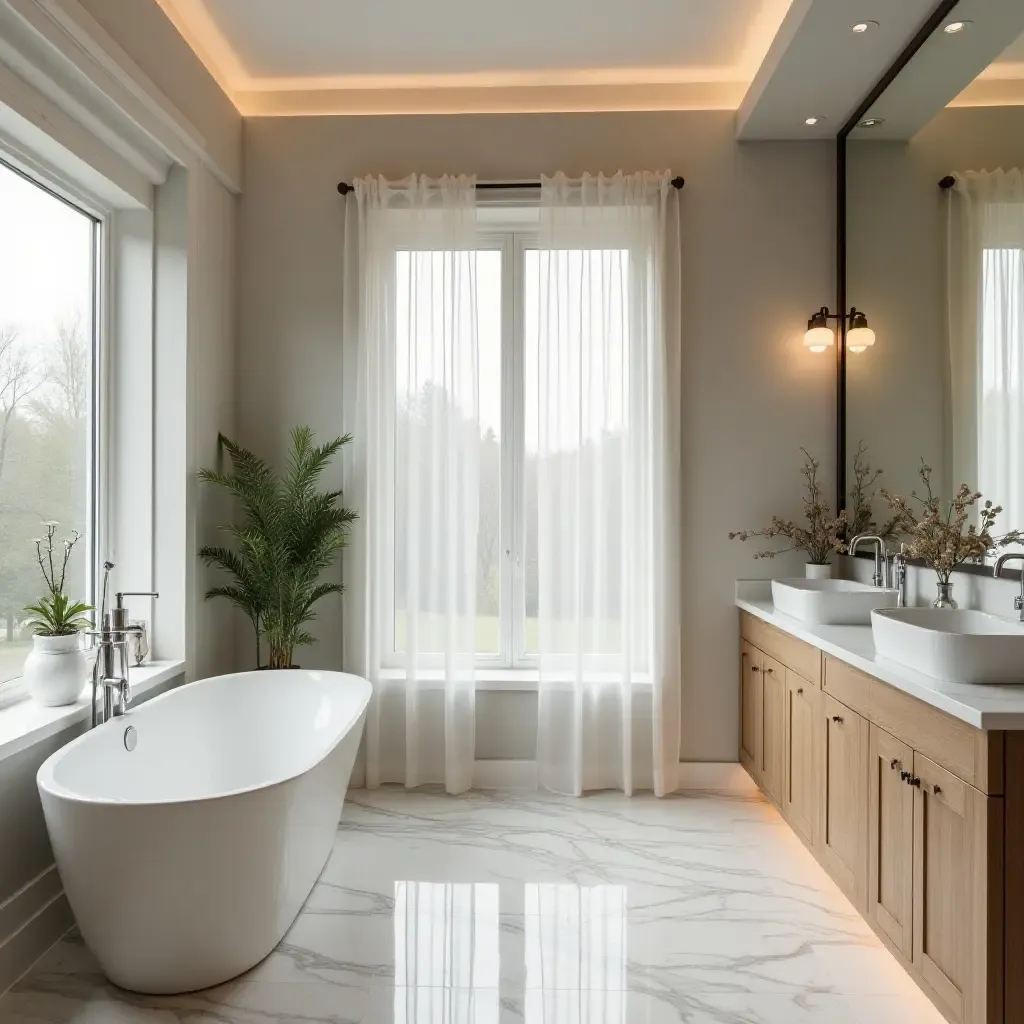 a photo of a contemporary bathroom with a freestanding tub and spa-like features