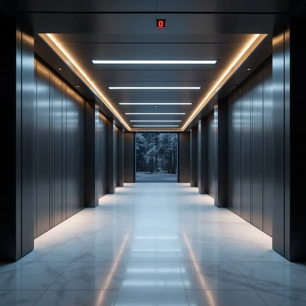 a photo of a futuristic entrance hall with smart technology and sleek design