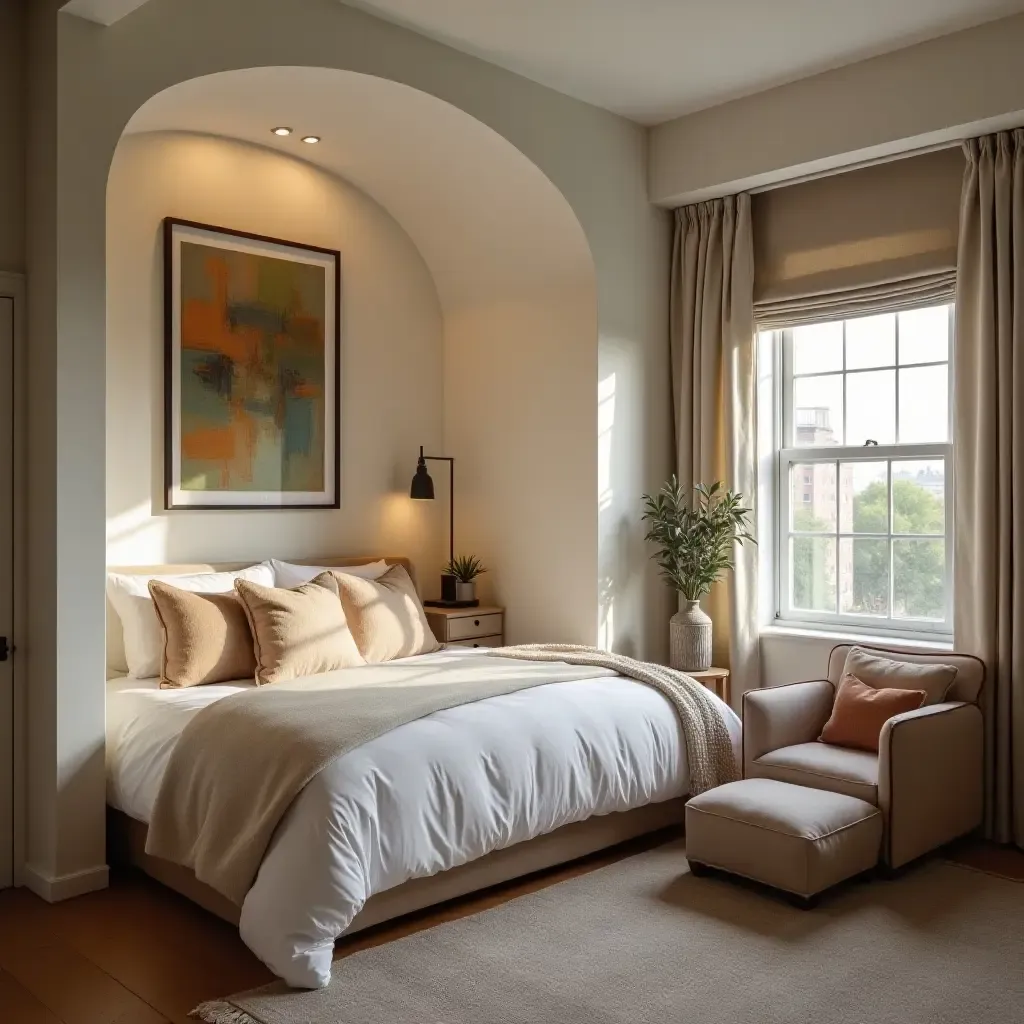 a photo of a small bedroom with a cozy reading nook