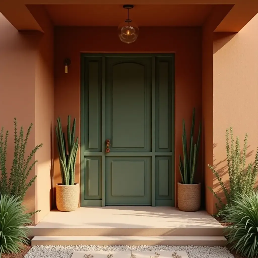 a photo of a earthy terracotta and sage green entrance hall with plants