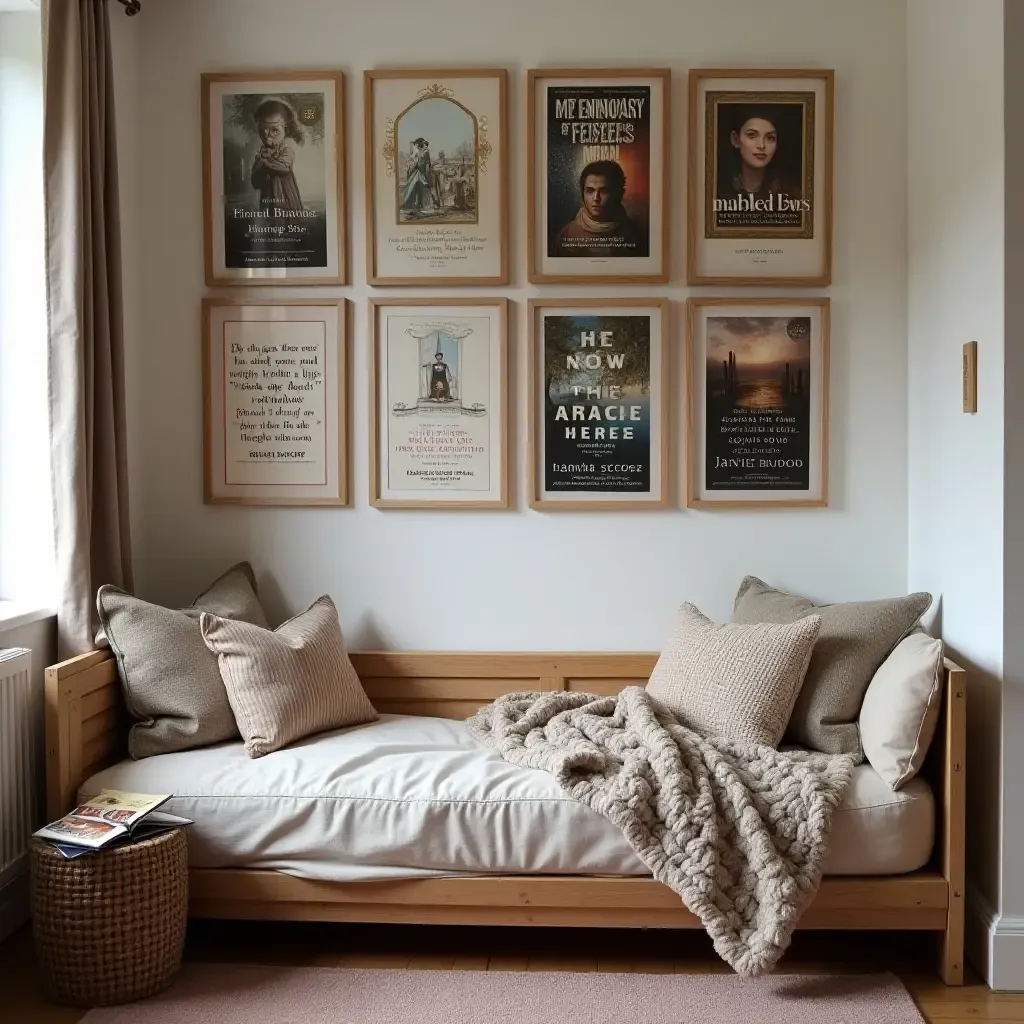 a photo of a cozy reading nook with a gallery wall of book covers and literary quotes in a teen&#x27;s space