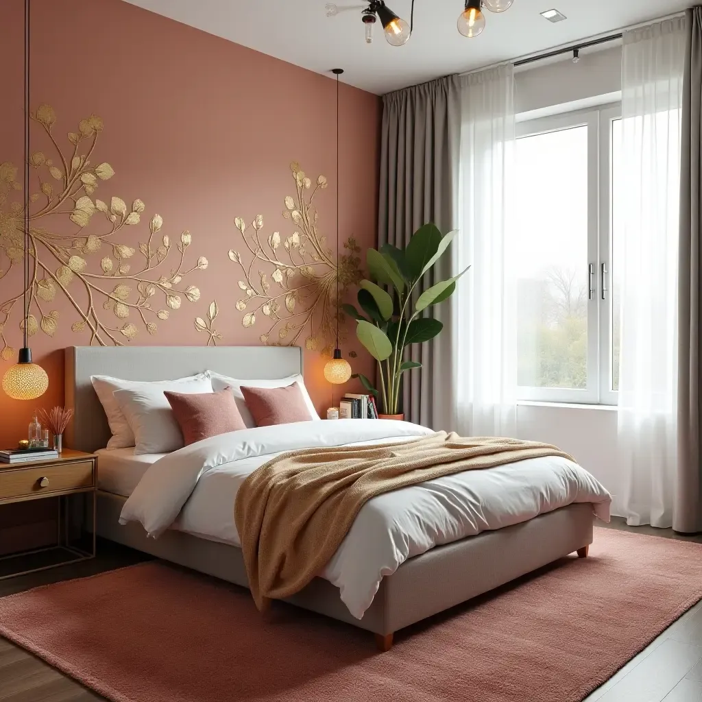 a photo of a vibrant bedroom with metallic accents on rugs and wall decals