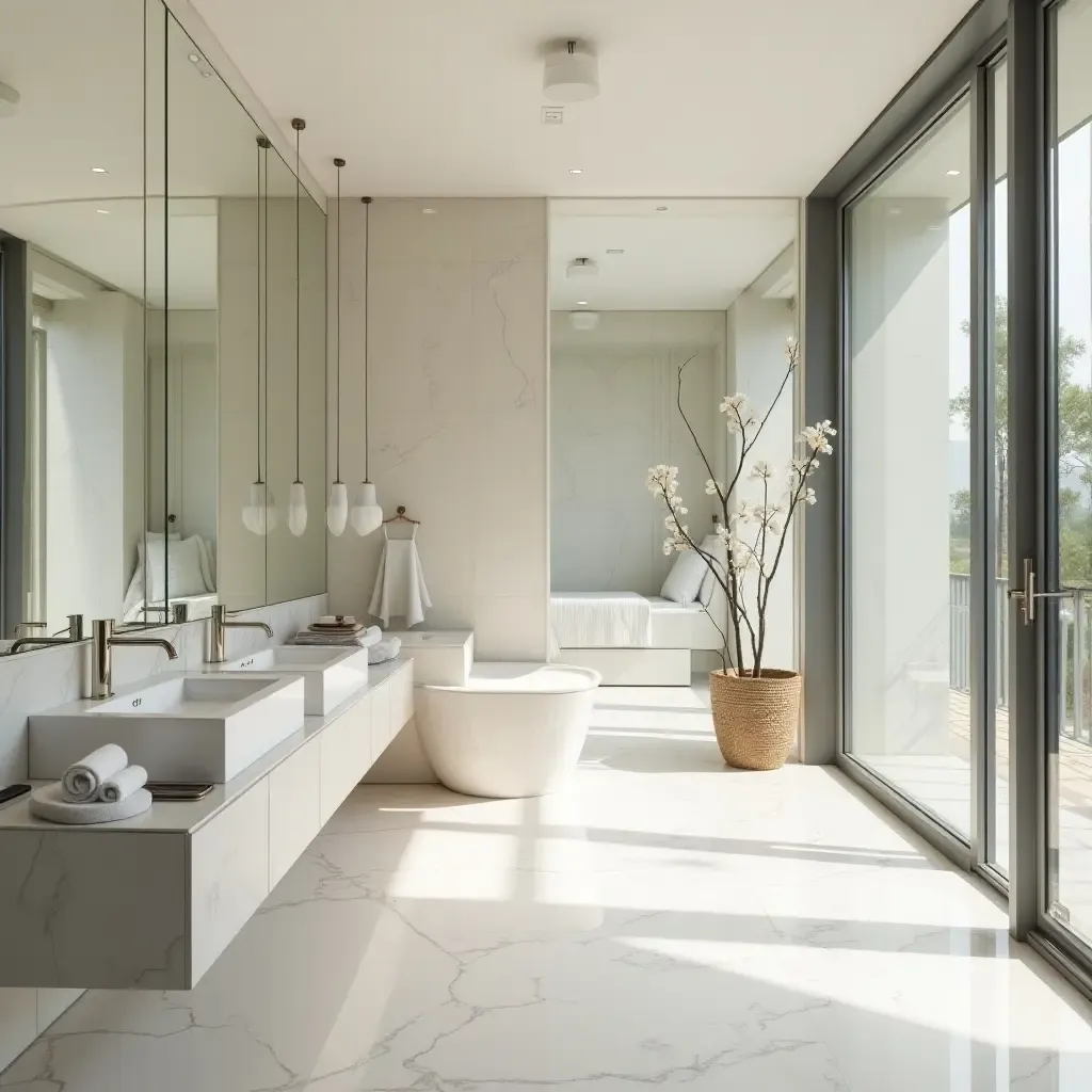 a photo of a spacious bathroom with large mirrors reflecting natural light