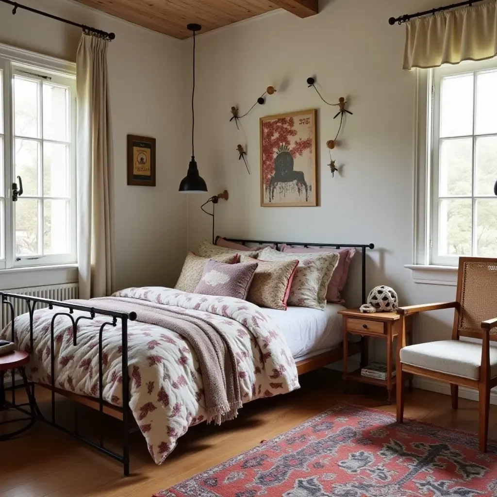 a photo of a bohemian kids&#x27; bedroom featuring eclectic fabric patterns, wooden furniture, and vintage metal pieces