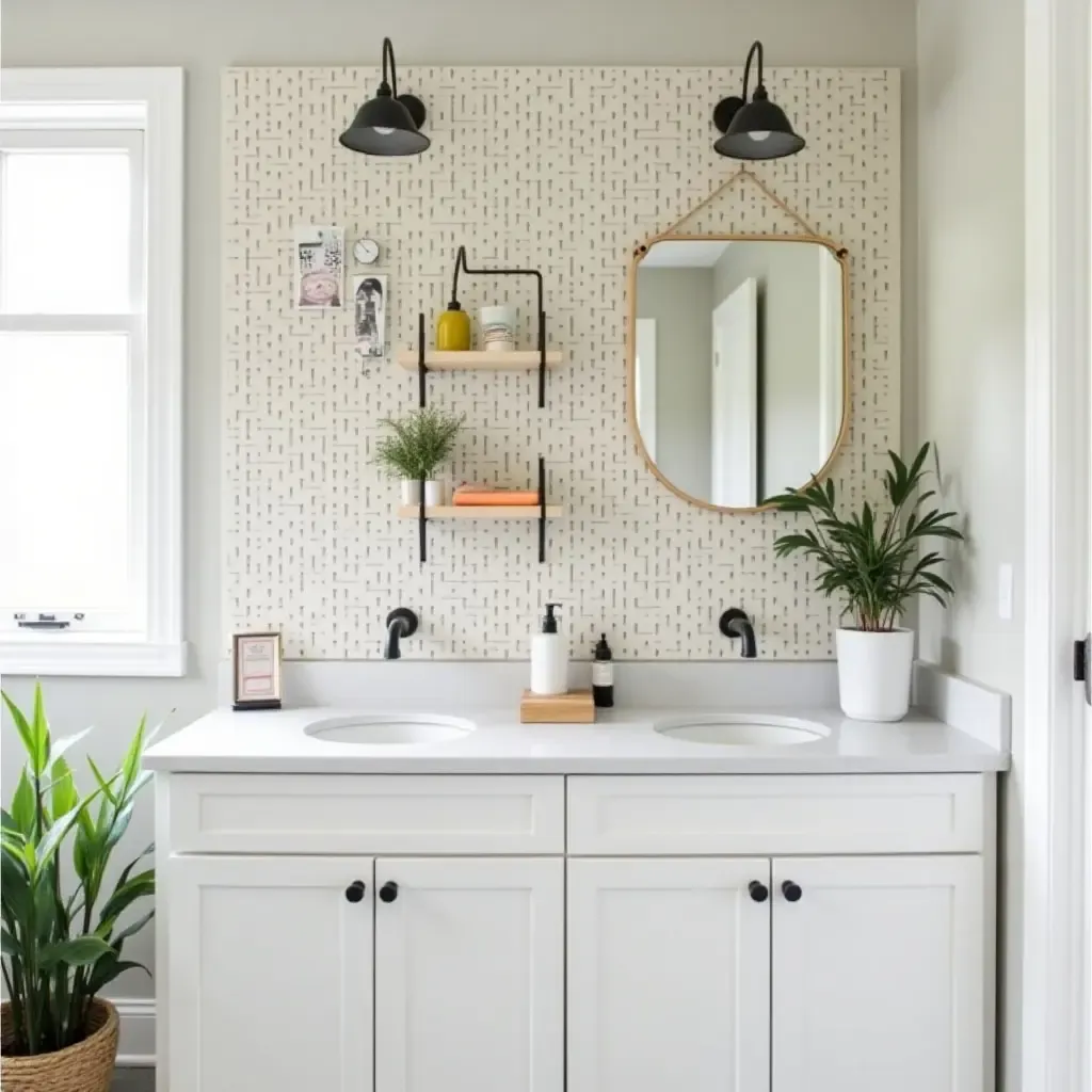 a photo of a bathroom with a pegboard for hanging essentials