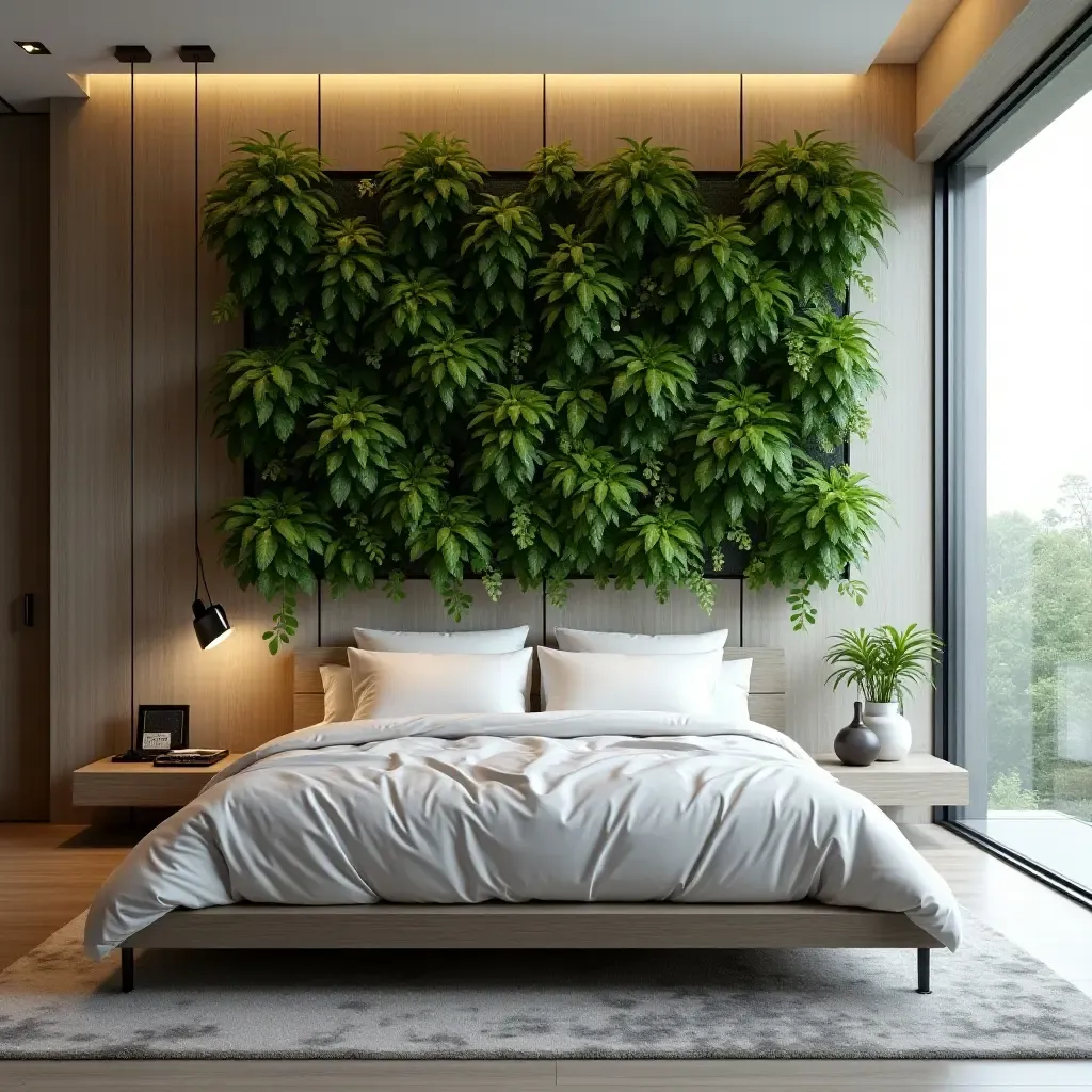 a photo of a bedroom with a vertical garden installation