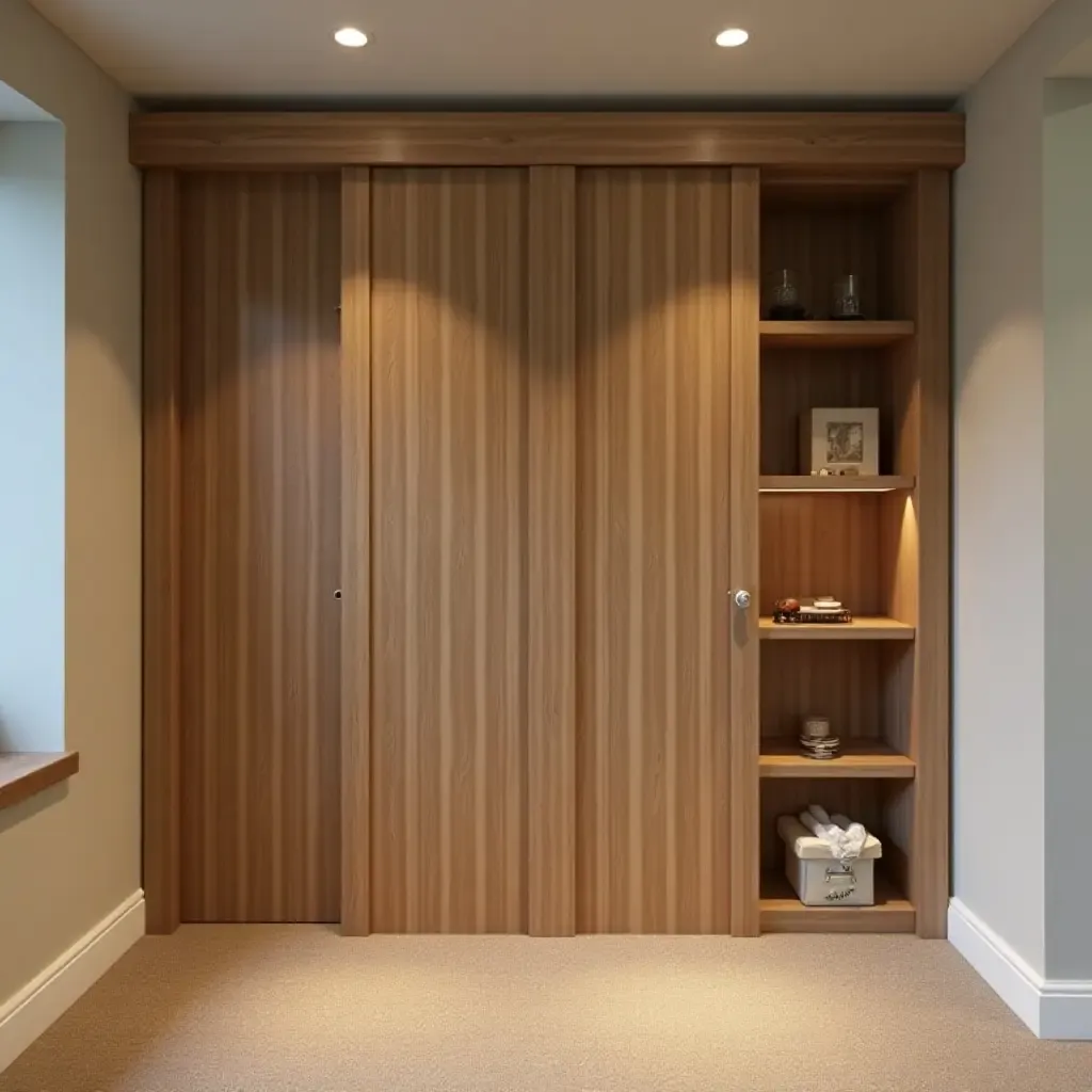 a photo of a basement with a sliding door storage closet