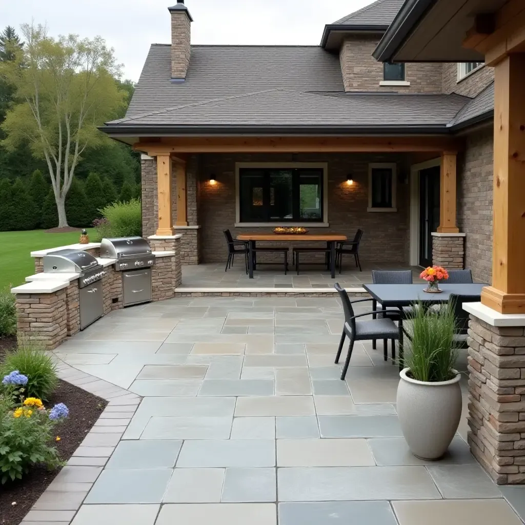 a photo of a spacious concrete patio with a built-in outdoor kitchen and dining area