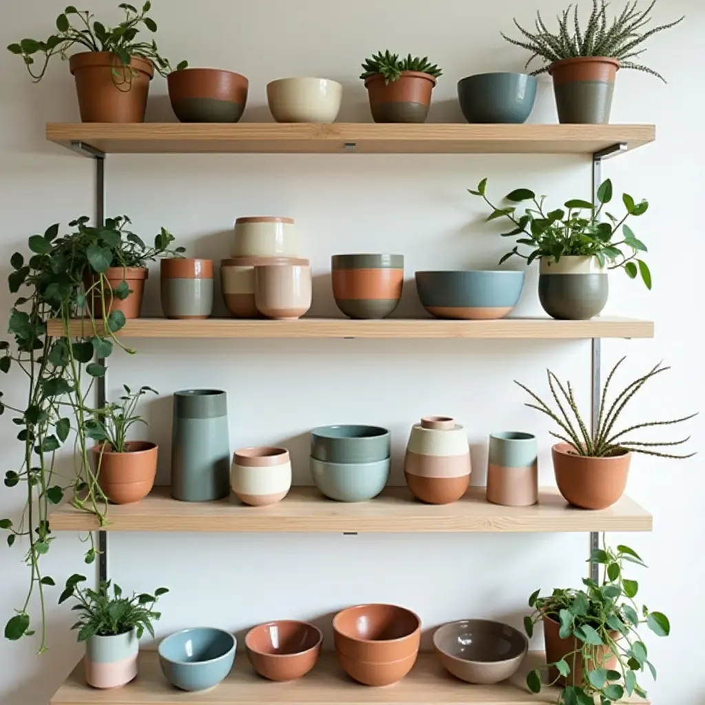 a photo of open shelving filled with colorful ceramic dishes and plants