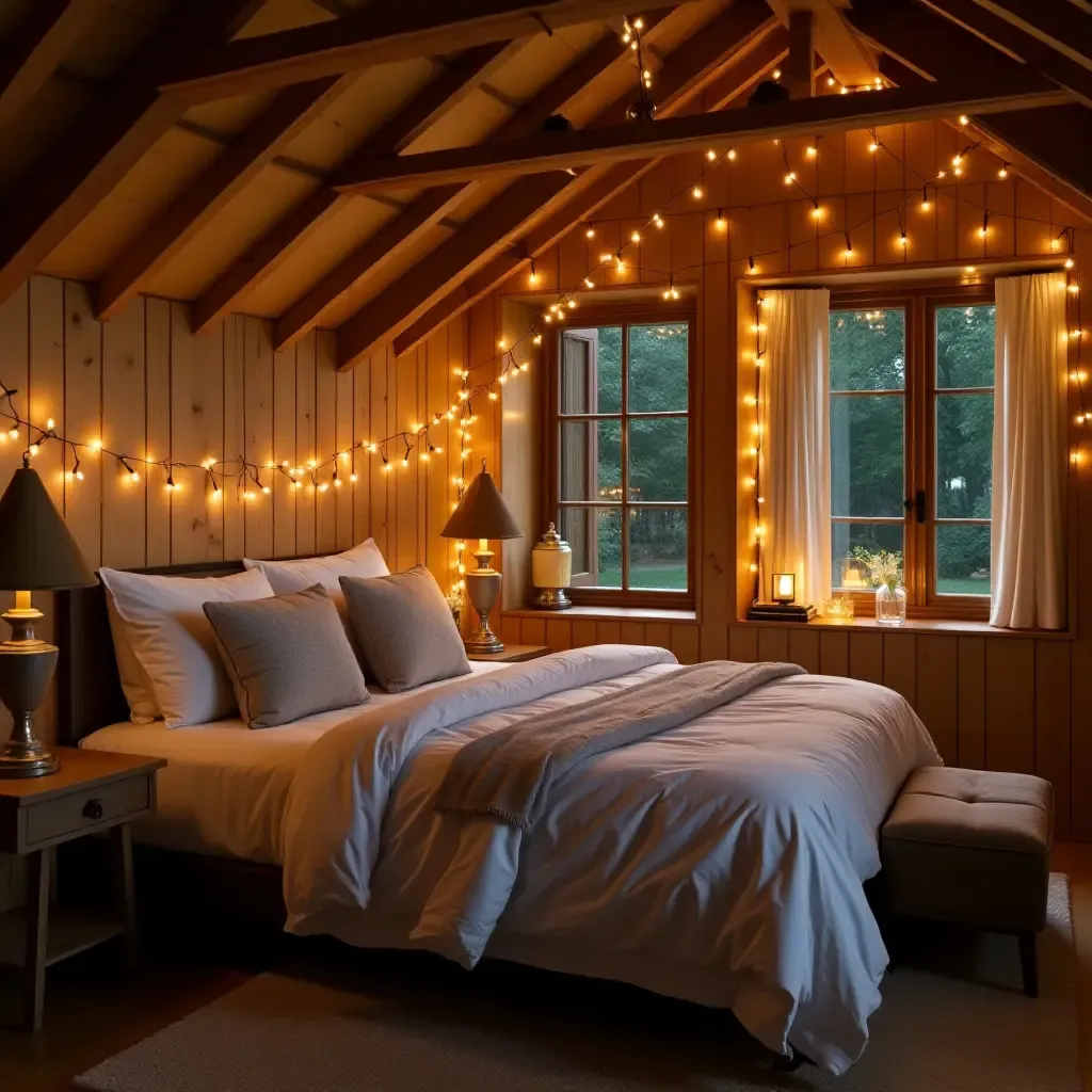 a photo of a bedroom with wooden beams and fairy lights