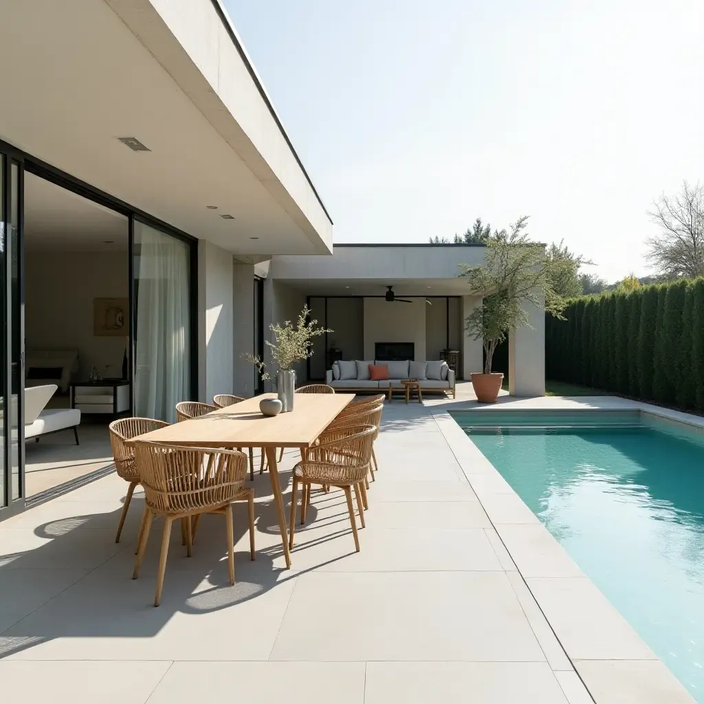 a photo of a stylish outdoor dining area by the pool with Scandinavian simplicity