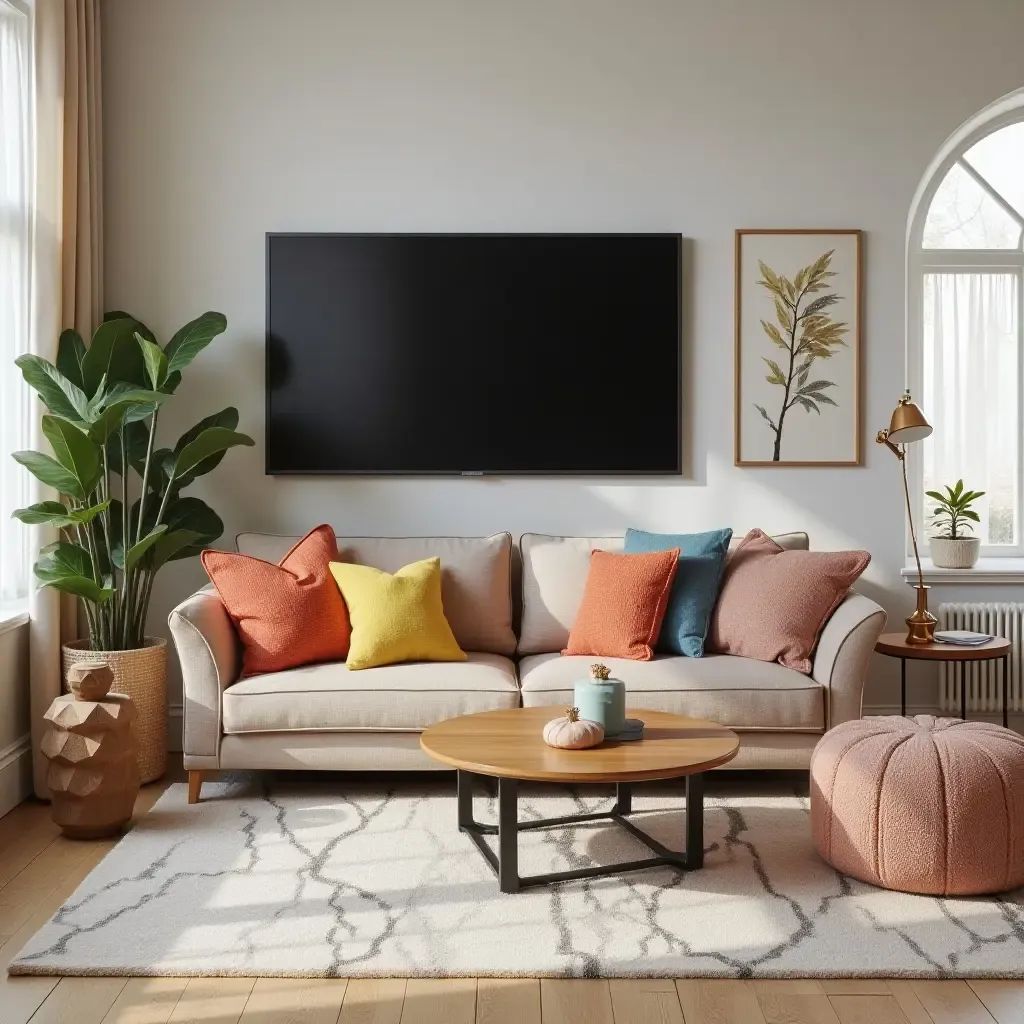 a photo of a TV room featuring colorful throw pillows