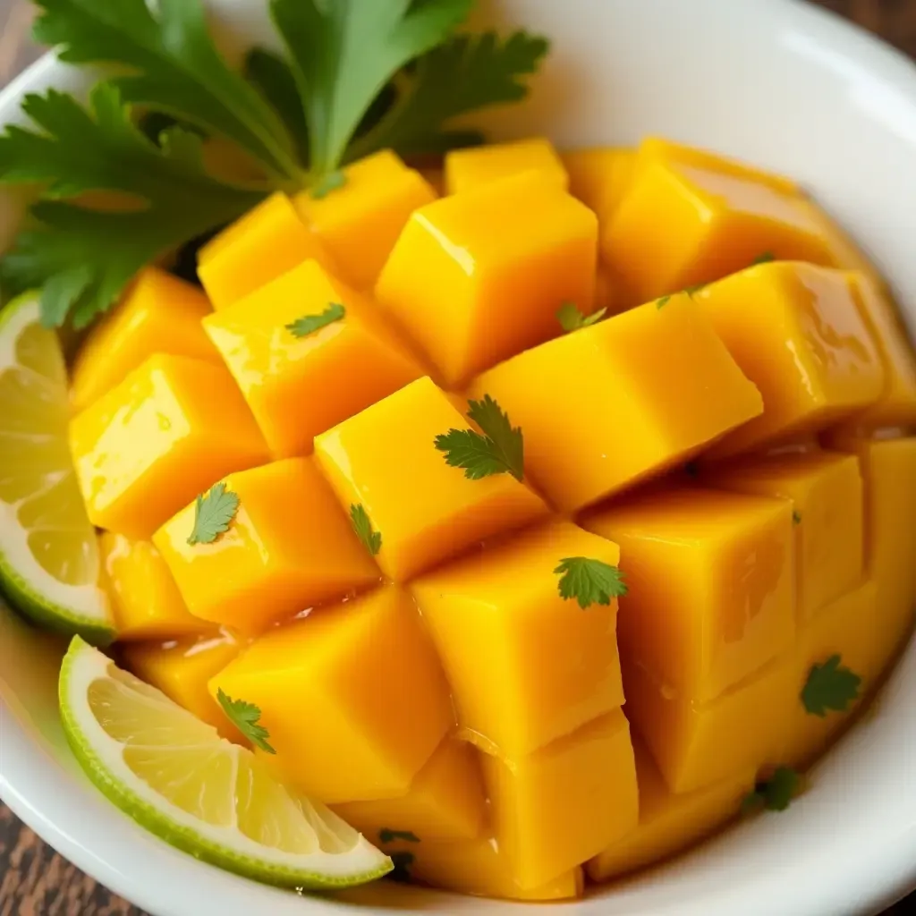 a photo of a vibrant mango habanero salsa with fresh cilantro and lime slices