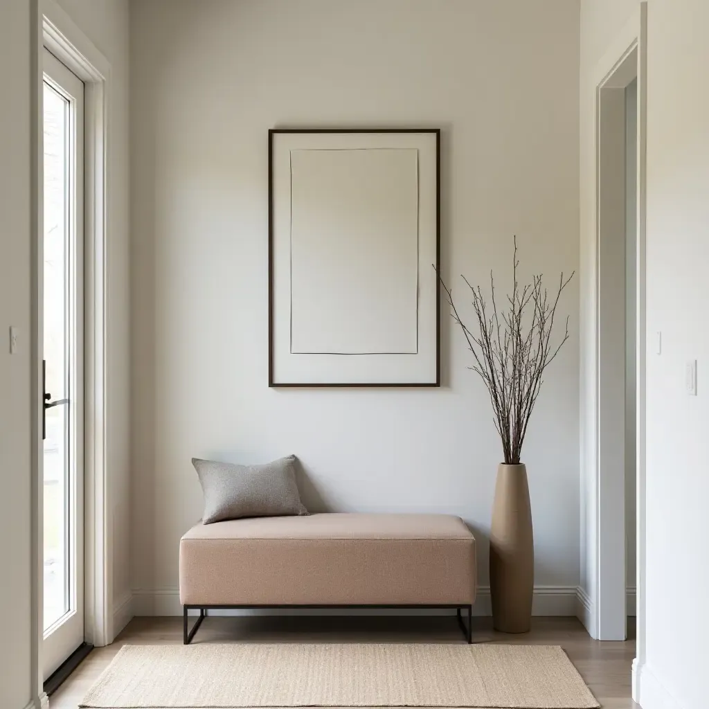 a photo of a sleek entrance hall with a modern storage ottoman and decor