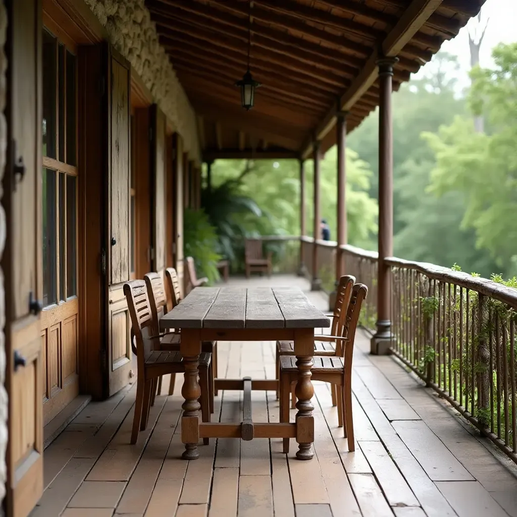 a photo of a rustic balcony with a vintage wooden table and chairs