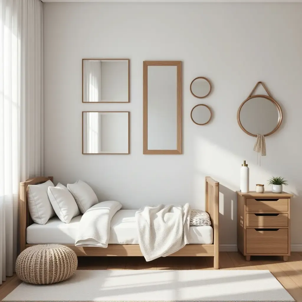 a photo of a modern kids&#x27; room with metallic frames and mirrors