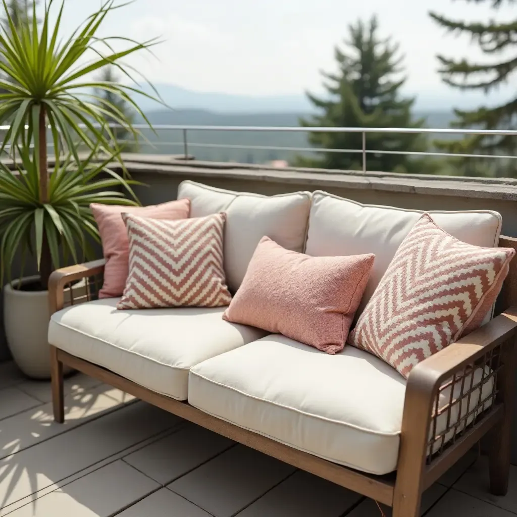 a photo of a balcony with throw pillows that match the furniture