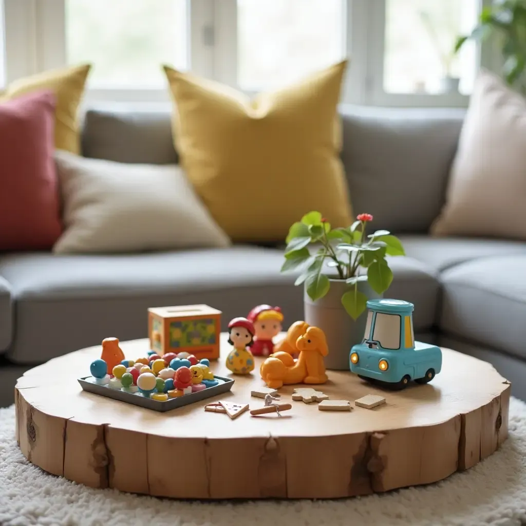 a photo of a playful coffee table centerpiece with toys and games for family fun