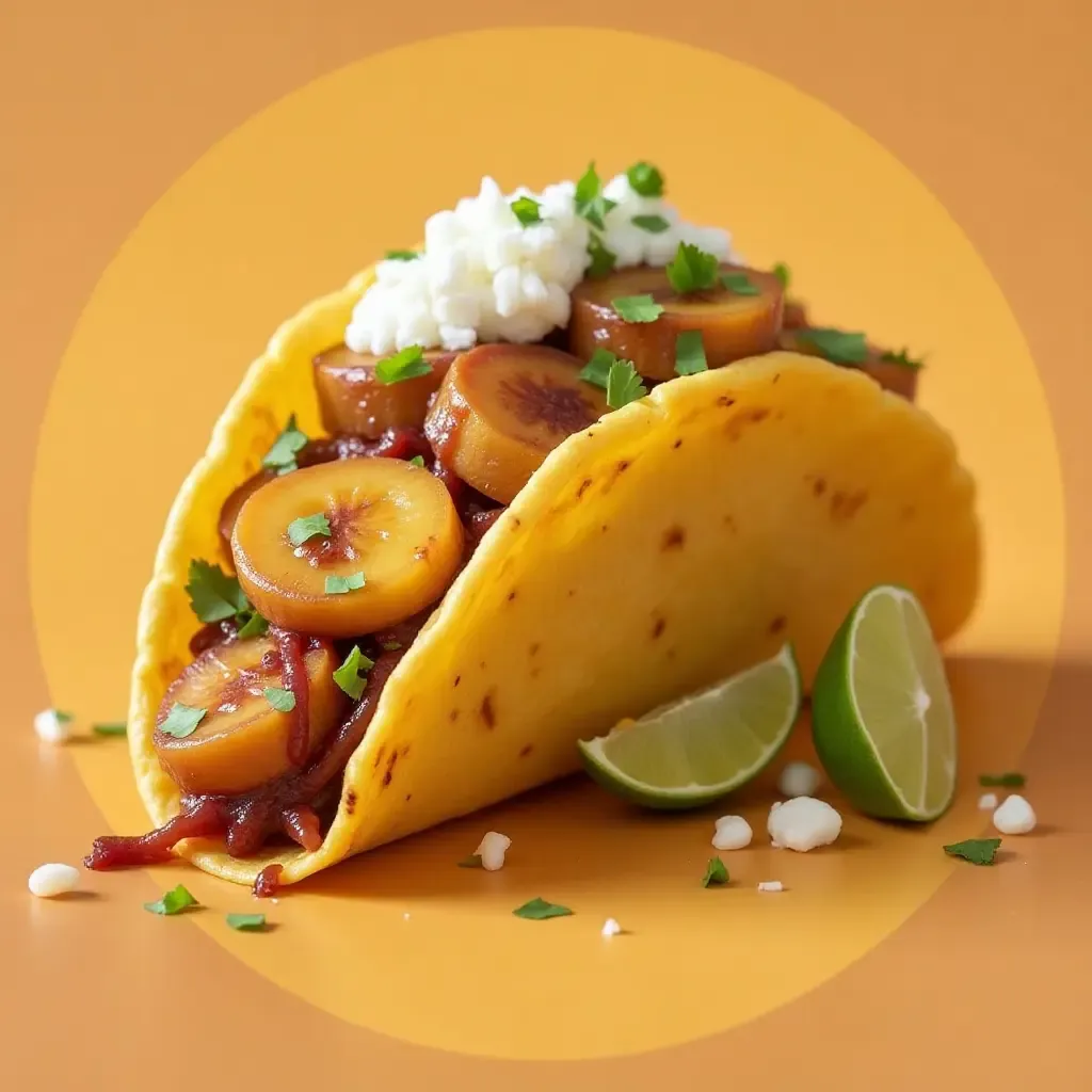 a photo of a taco topped with caramelized plantains and queso fresco