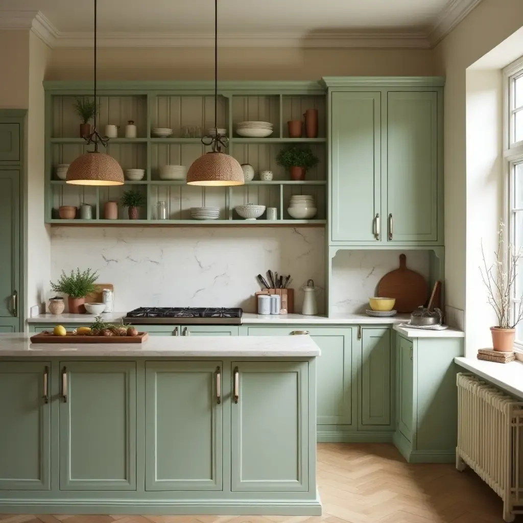 a photo of a muted sage green and cream kitchen with vintage charm