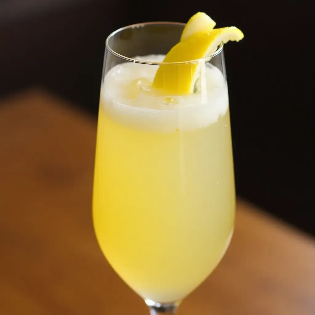 a photo of a French 75 cocktail with gin, lemon, and sparkling wine, garnished with a lemon twist.