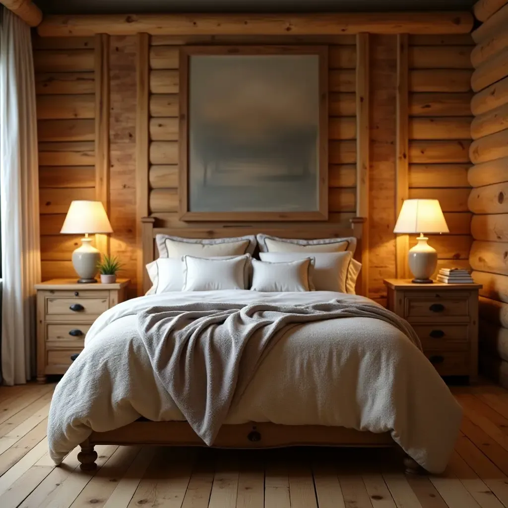 a photo of a rustic wooden bed frame with warm bedding