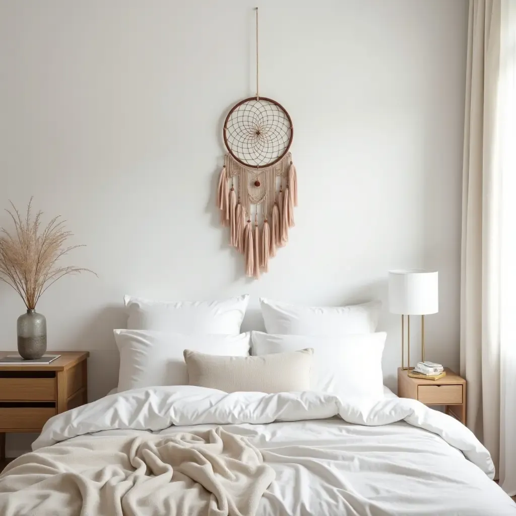 a photo of a minimalist bedroom featuring a bohemian dreamcatcher