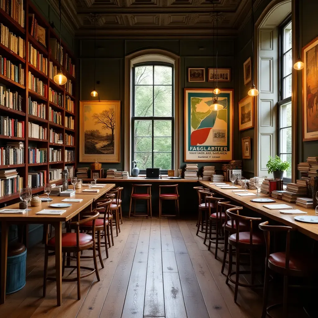 a photo of a library featuring vintage posters and art on the walls