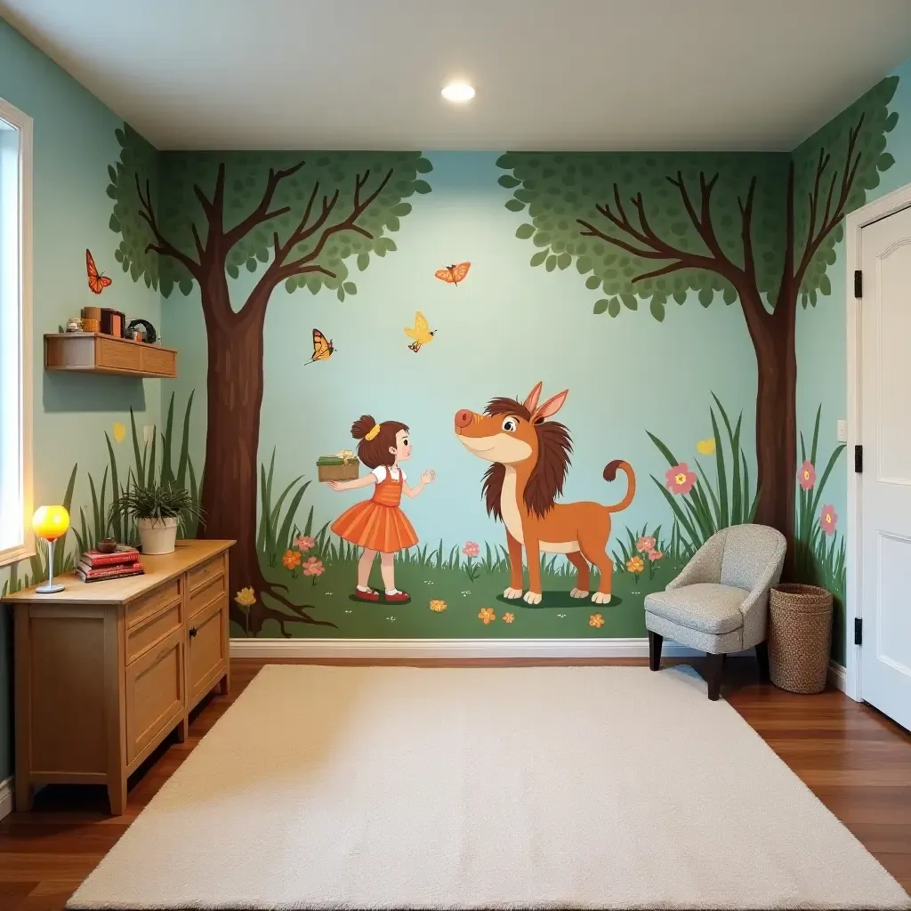 a photo of a whimsical fairy tale mural in a children&#x27;s basement playroom