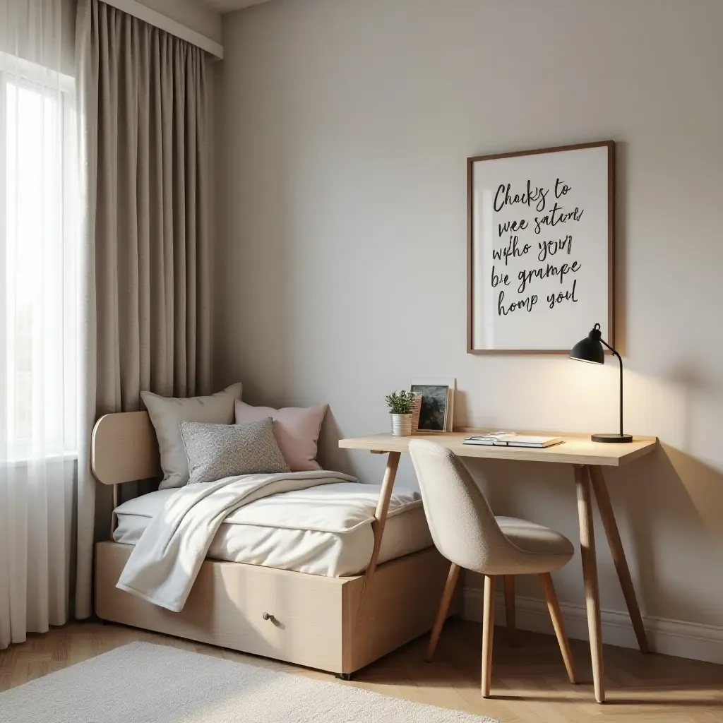 a photo of a shared bedroom with a creative study corner and inspirational wall art