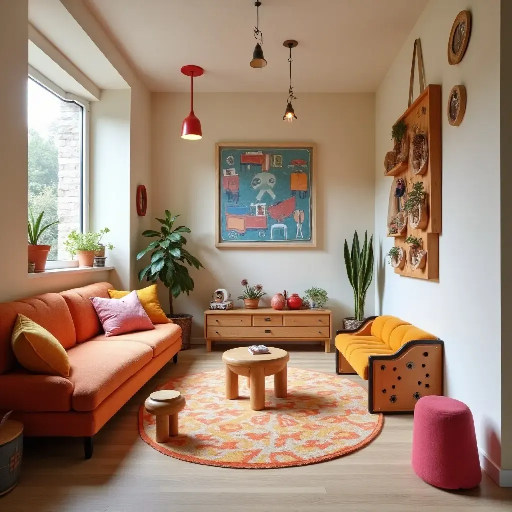 a photo of a playful basement with bright fabric decor, playful wooden toys, and funky metal art