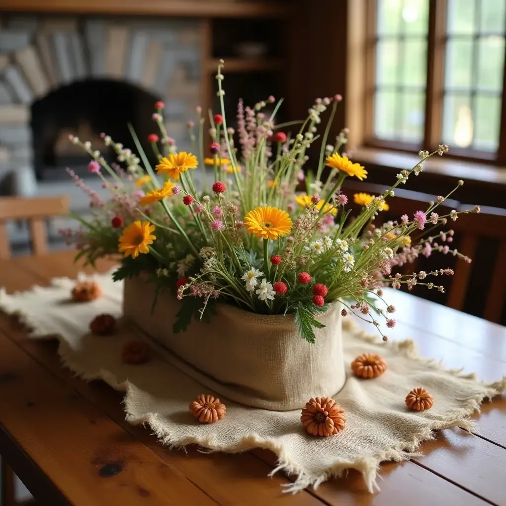 a photo of a rustic coffee table centerpiece with burlap and wildflowers