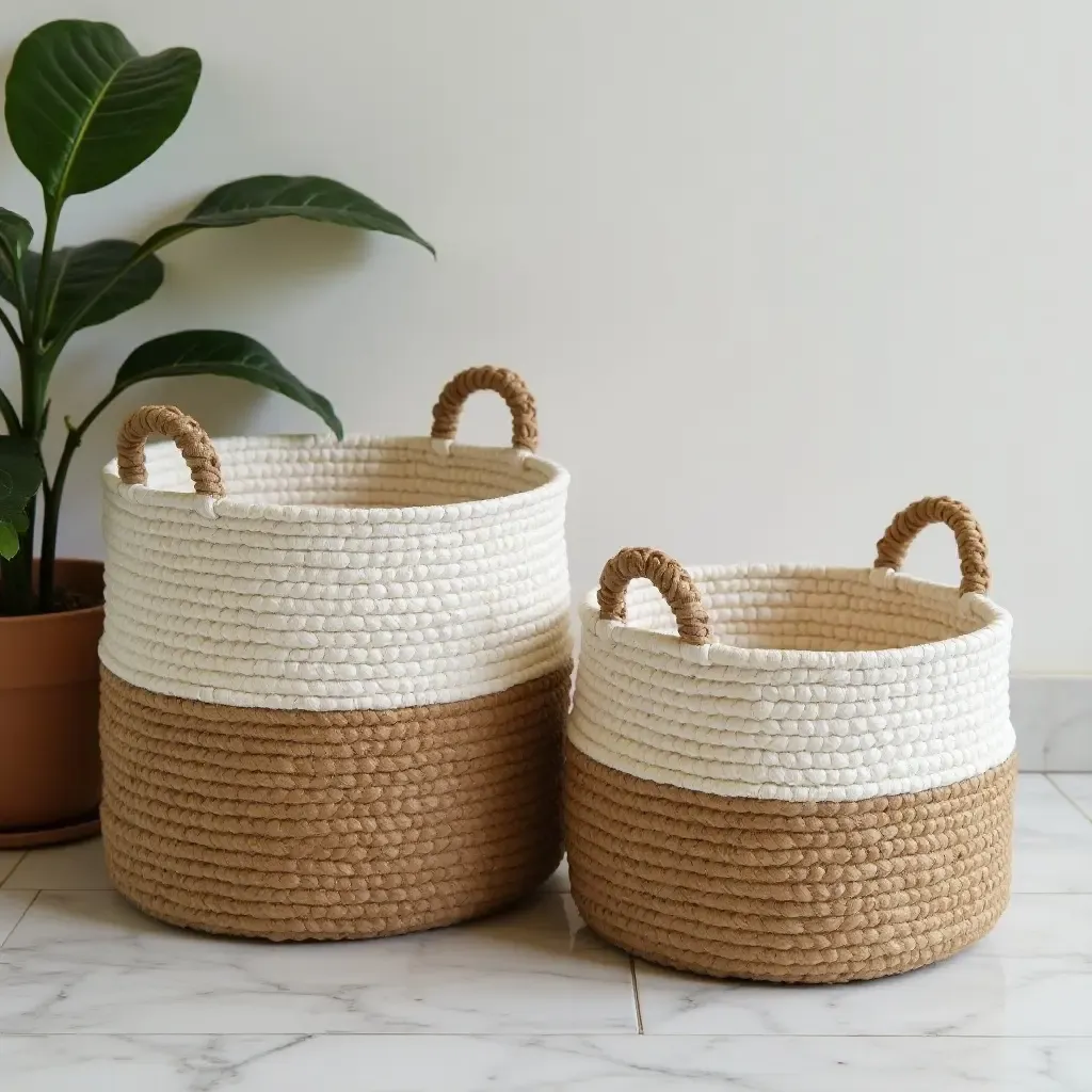 a photo of decorative baskets used for bathroom storage