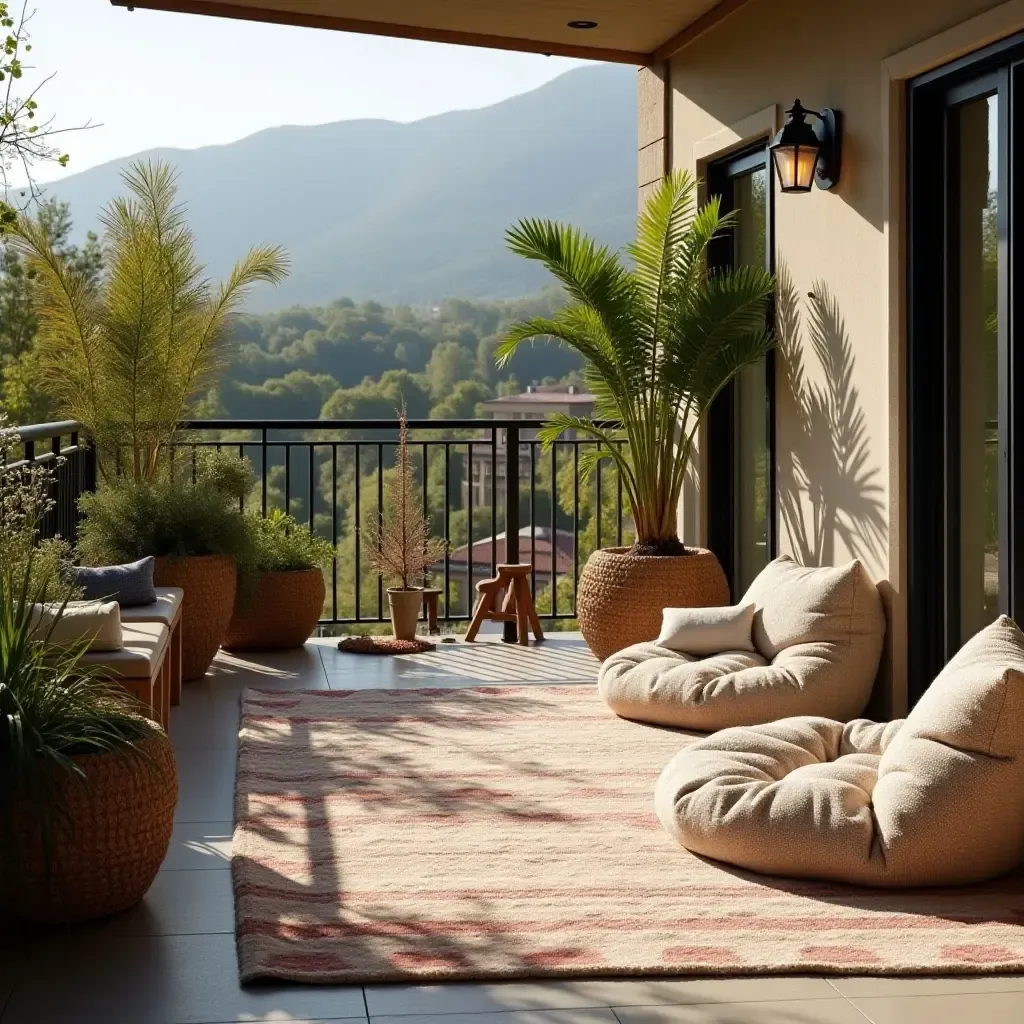 a photo of a balcony featuring outdoor rugs and cozy bean bags