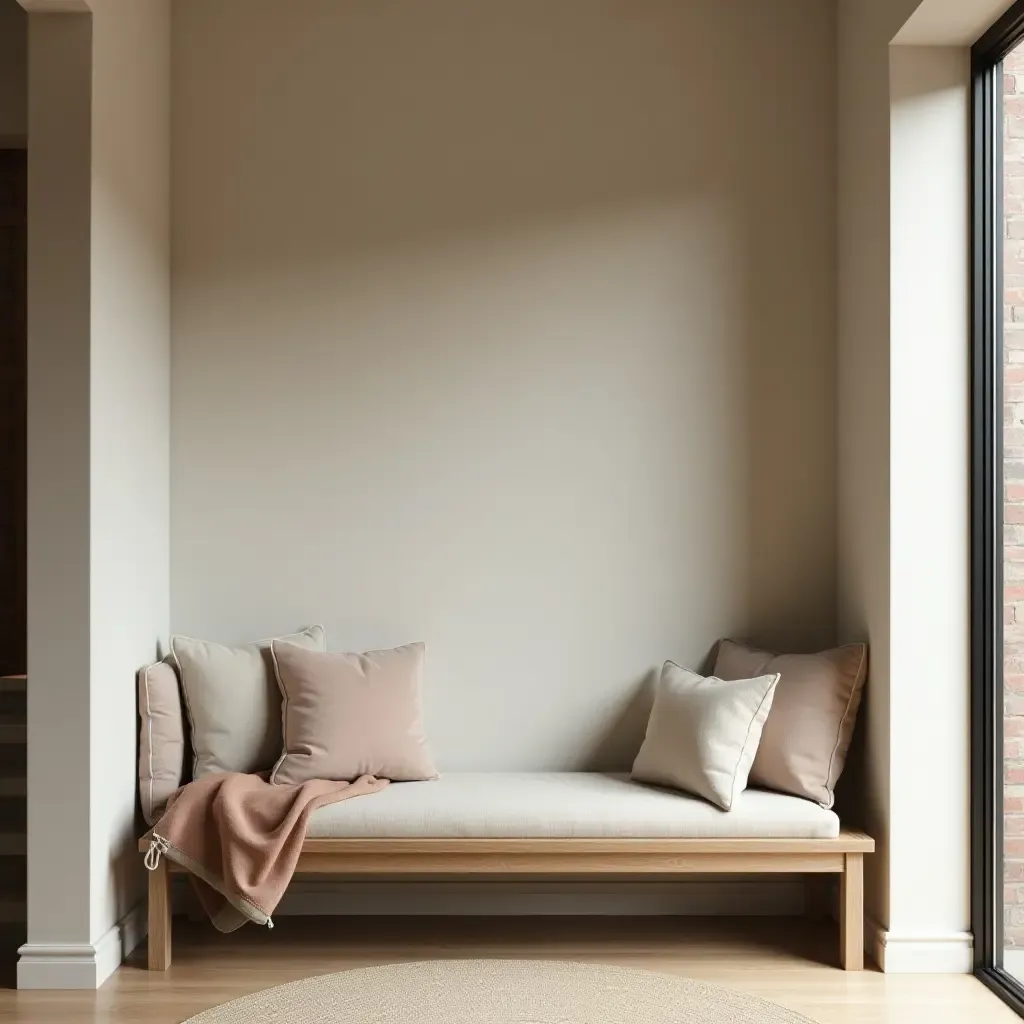 a photo of a cozy entrance hall with a comfortable bench and soft pillows