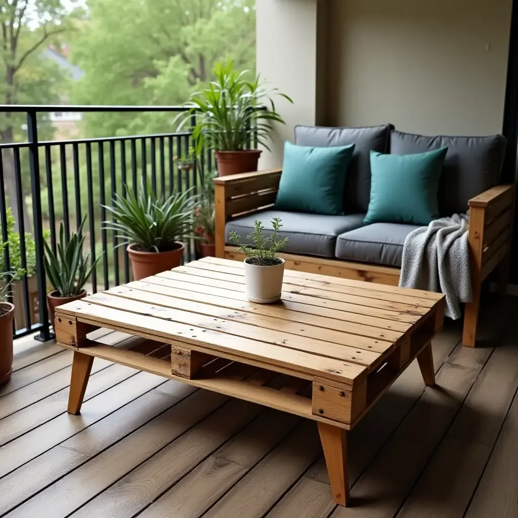 a photo of a balcony with a repurposed wooden pallet coffee table