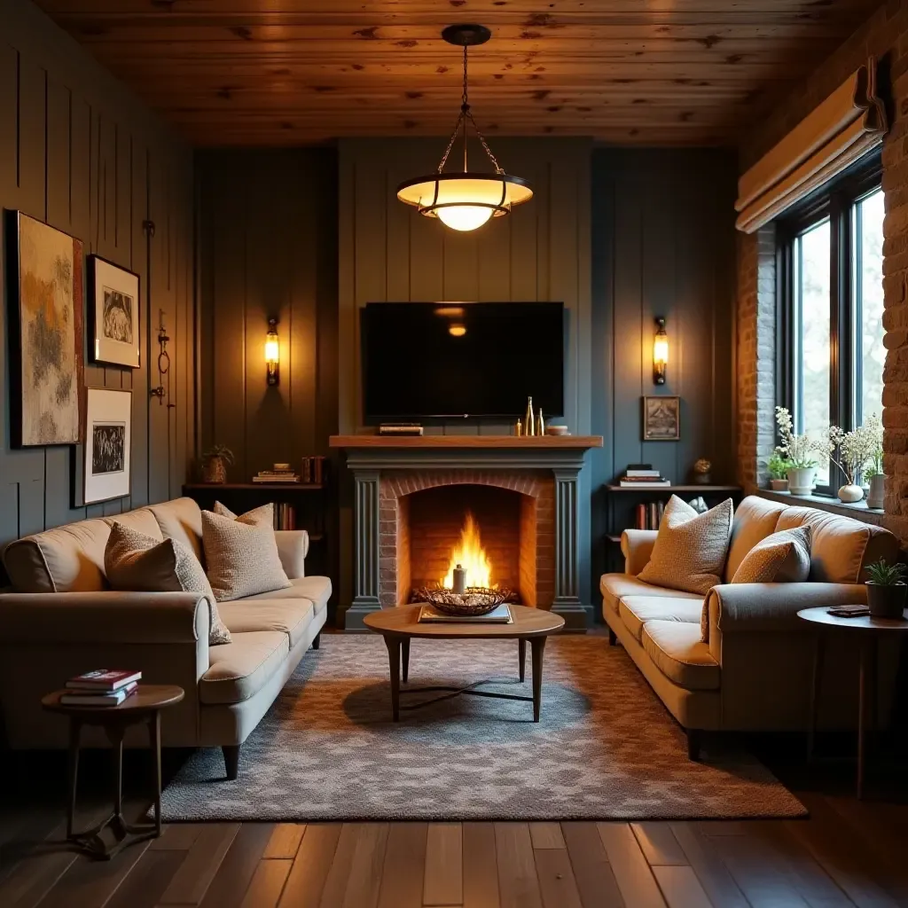 a photo of a cozy basement lounge with a vintage style and plush furniture