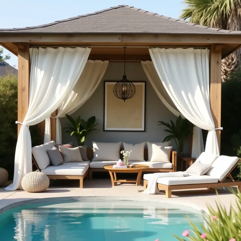 a photo of a stylish poolside cabana using soft fabric curtains, reclaimed wood, and polished metal decor