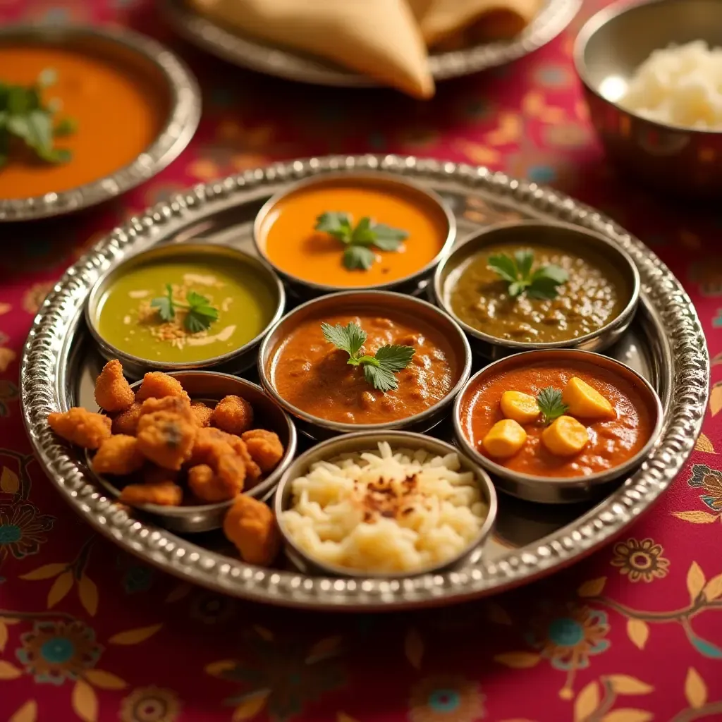 a photo of colorful vegetarian thali with dal, paneer, and roti, vibrant Indian spices, festive setting