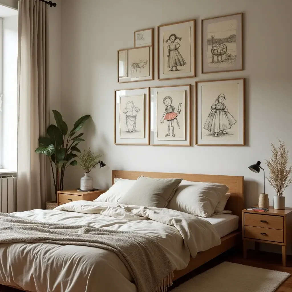 a photo of a nostalgic bedroom featuring a gallery wall of childhood drawings