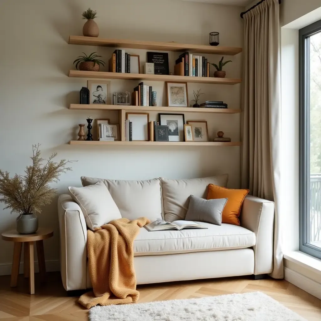 a photo of a reading nook with wall-mounted bookshelves and decor