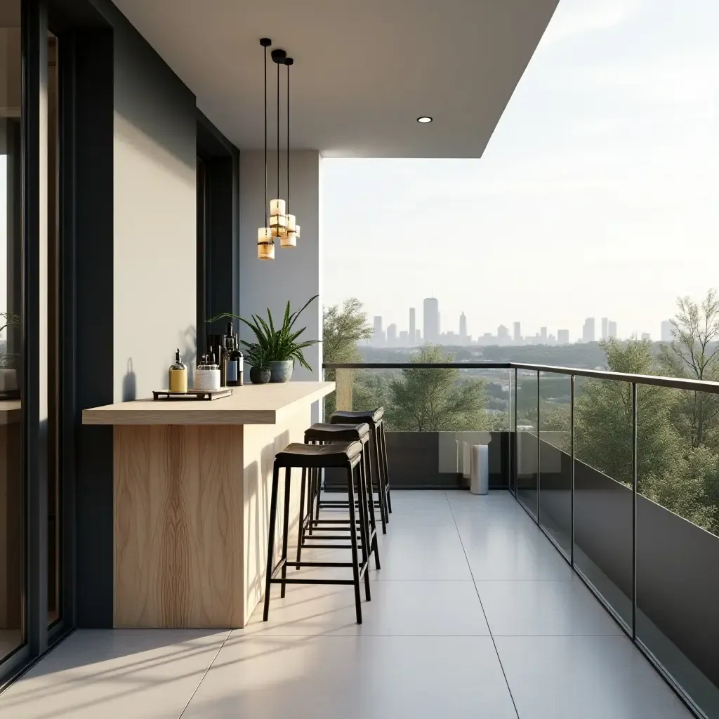 a photo of a sleek balcony with a bar cart and high stools