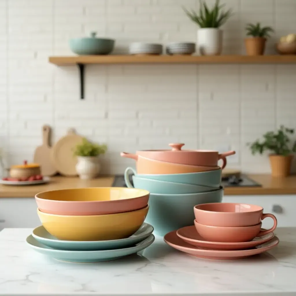 a photo of colorful dishware arranged aesthetically on a kitchen countertop