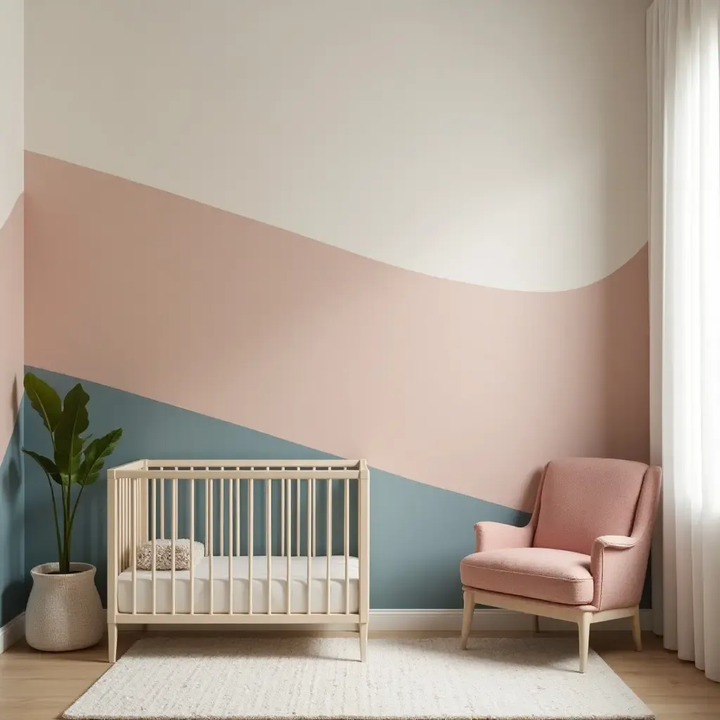 a photo of a nursery featuring a chic color-blocked wall design