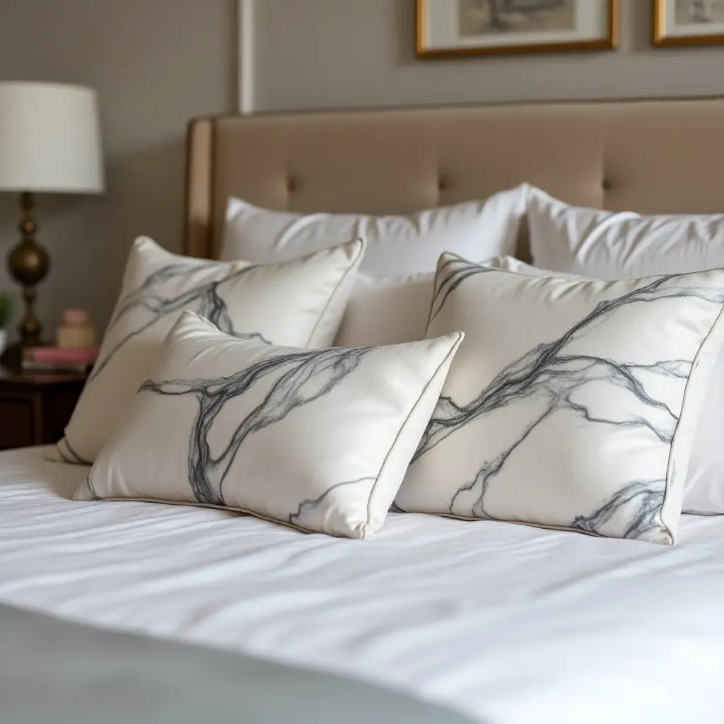 a photo of a plush bedroom with marble-themed throw pillows