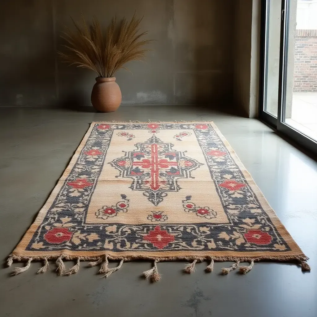 a photo of a rugged rug on a polished concrete floor